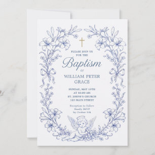 Invitation Anges Chérubins Vintage Baptême Bleu