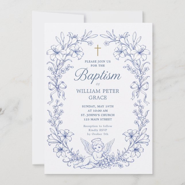 Invitation Anges Chérubins Vintage Baptême Bleu (Devant)