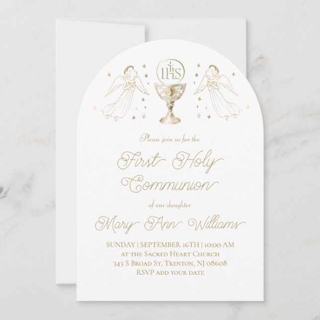 Invitation anges dorés Première Sainte Communion (Devant)