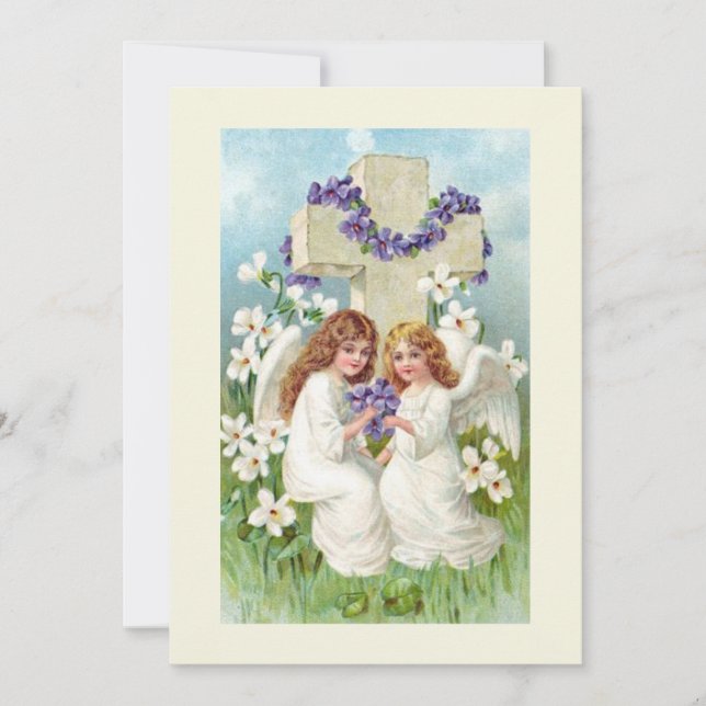 Invitation Anges Mignons Avec Croix Et Fleurs  (Devant)