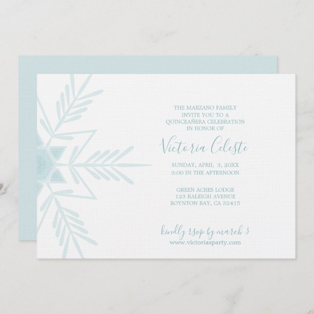 Invitation ANGLAIS bleu moderne HIVER WONDERLAND quinceañera (Devant / Derrière)