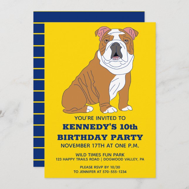 Invitation Anglais Bulldog Illustration personnalisée fête d' (Devant / Derrière)