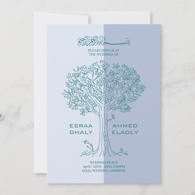 Invitation Anglais musulman | Mariage d'arbre bleu et vert en (Devant)
