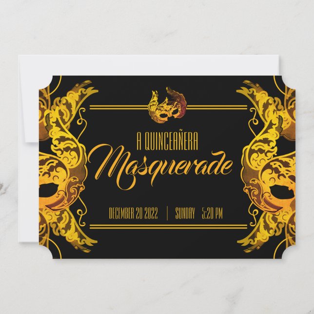 Invitation ANGLAIS quinceañera MASQUERADE billet d'or (Dos)