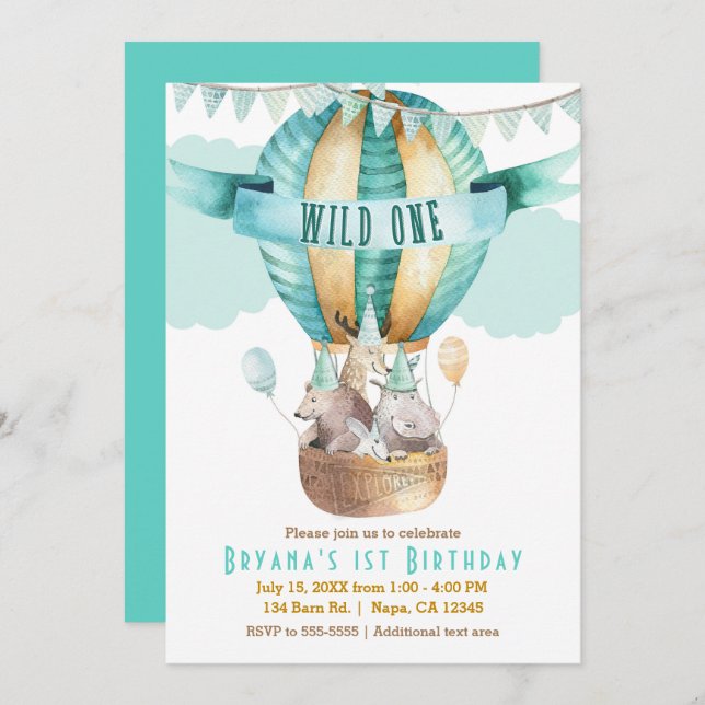 Invitation Animal Adventure Aquarelle Boho WILD ONE 1er (Devant / Derrière)