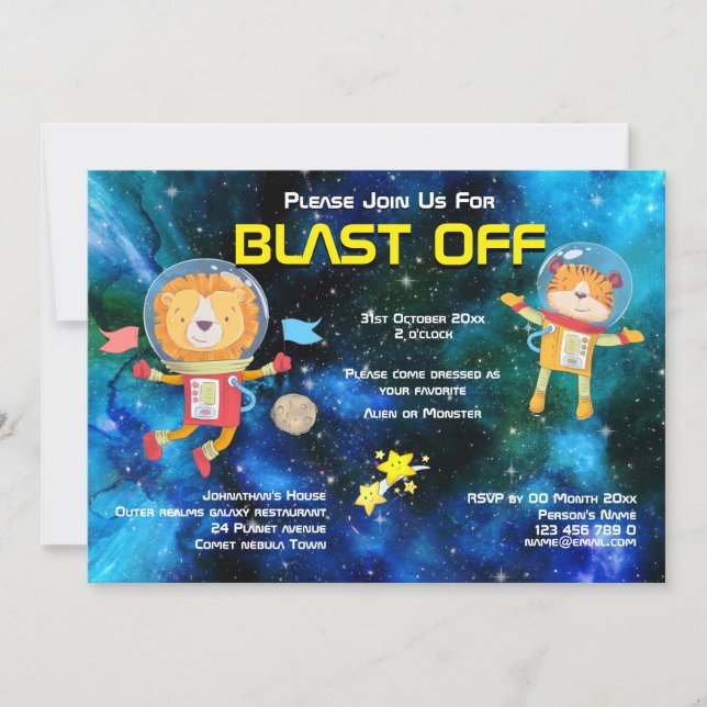 Invitation Animal astronaute anniversaire espace tout âge (Devant)