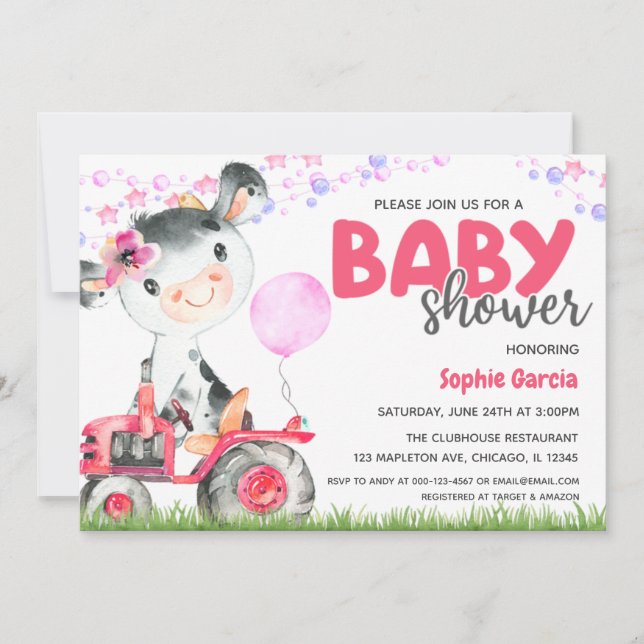 Invitation Animal de ferme Baby Girl Cow Baby shower Invitati (Devant)