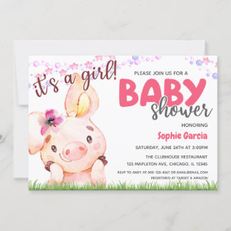 Invitation Animal de ferme Piggy bébé Cochon fille Baby showe