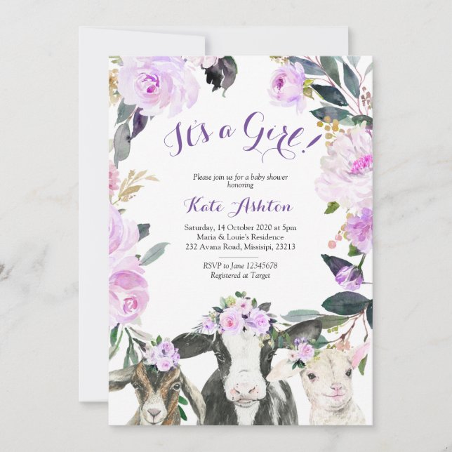Invitation Animal de ferme Purple Floral Girl Baby shower (Devant)