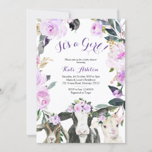 Invitation Animal de ferme Purple Floral Girl Baby shower