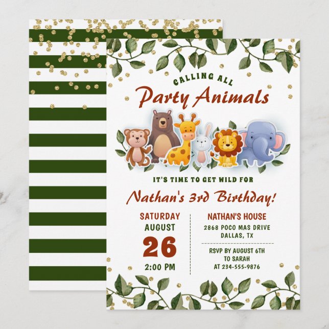 Invitation Animal Friends Zoo Party Anniversaire de enfant de (Devant / Derrière)