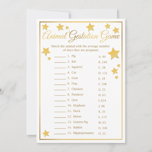 Invitation Animal Gestation Gold Star Baby shower Jeu (Devant)