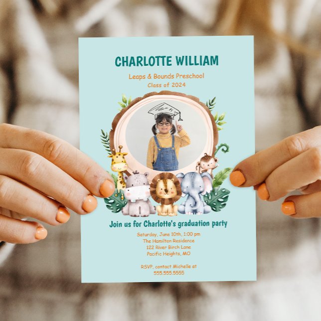 Invitation Animal Kid Preschool Photo Party Graduation (Animal Kid Preschool Photo Graduation Party Invitation)