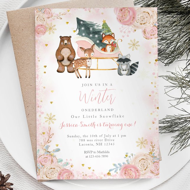 Invitation Animal Pink Winter Onederland 1er anniversaire (Créateur téléchargé)