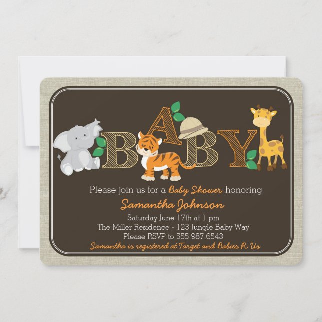 Invitation animale de baby shower de jungle (Devant)