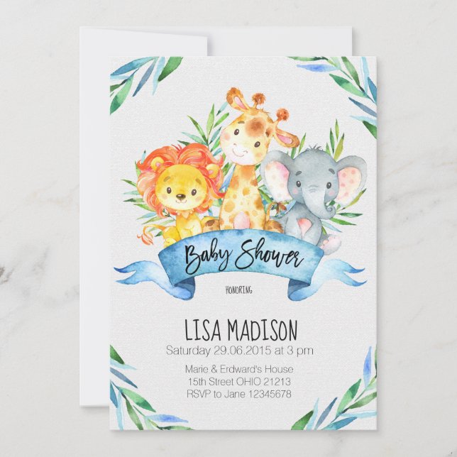 Invitation animale de baby shower de jungle (Devant)