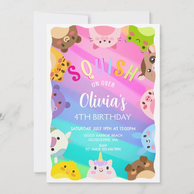 Invitation Animals Squish Girl Birthday party (Devant)