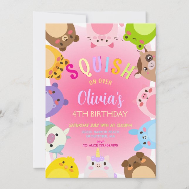 Invitation Animals Squish Girl Birthday party (Devant)