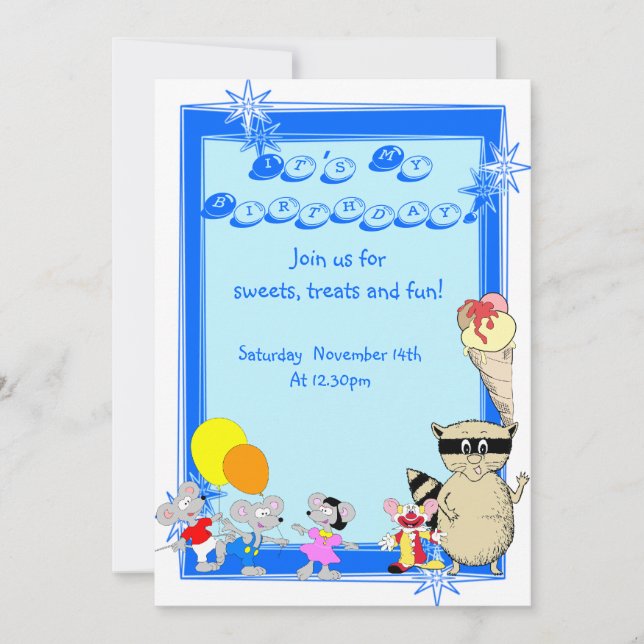 Invitation Animation pour enfants amusants fête d'anniversair (Devant)