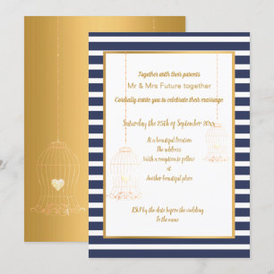 INVITATION ANIMATION RUSTIQUE BLANCHE MARINE GOLD STRIPE 2 MA