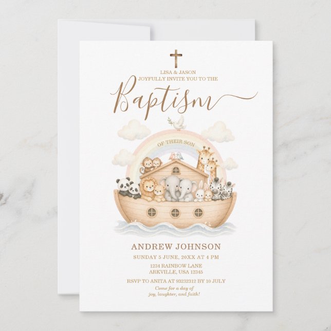 Invitation Animaux aquarelle neutres beige baptême  (Devant)