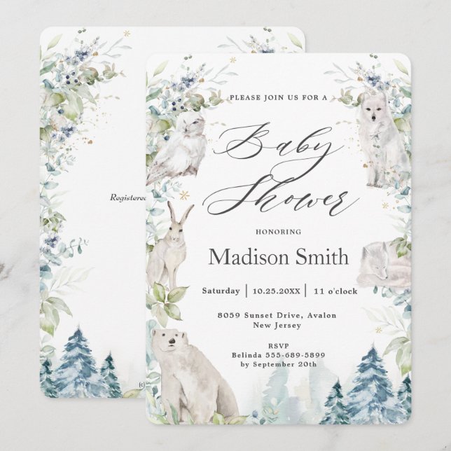 Invitation Animaux arctiques Hiver Baby shower alpin Neutre   (Devant / Derrière)