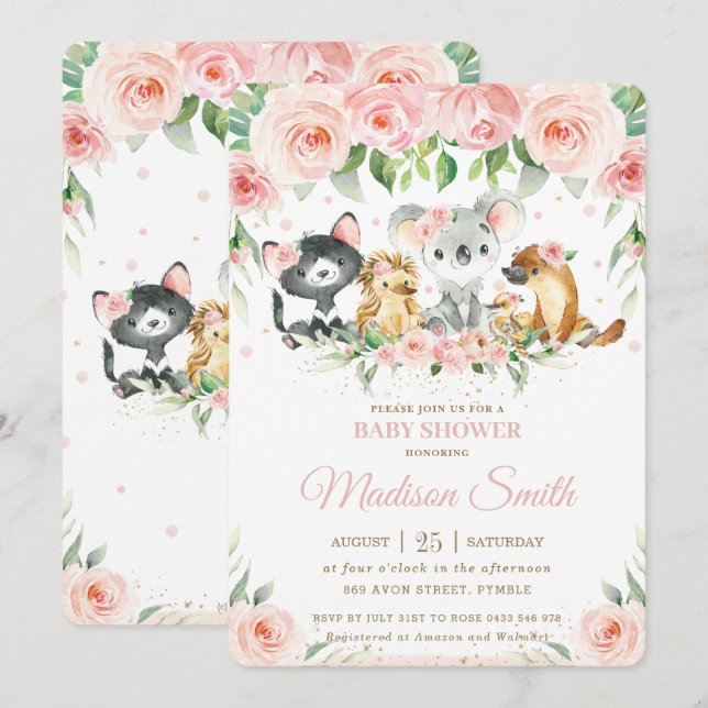 Invitation Animaux australiens Baby shower floral rose (Devant / Derrière)