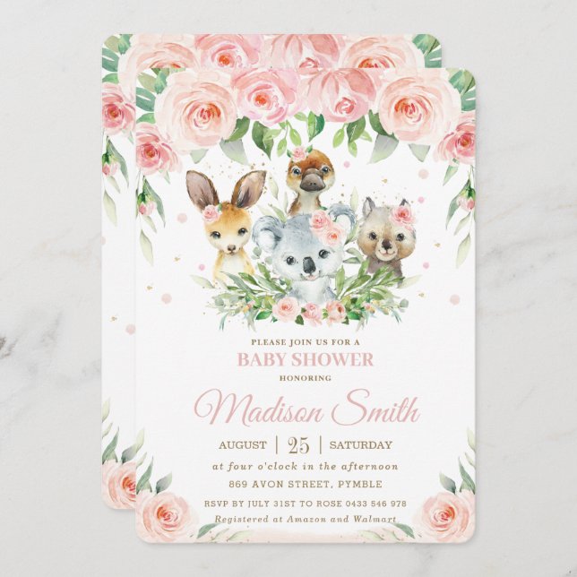 Invitation Animaux australiens Baby shower floral rose (Devant / Derrière)