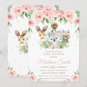 Invitation Animaux australiens Baby shower floral rose