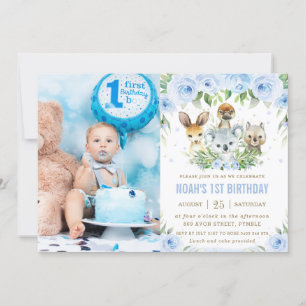 Invitation Animaux australiens Blue Floral Photo d'anniversai