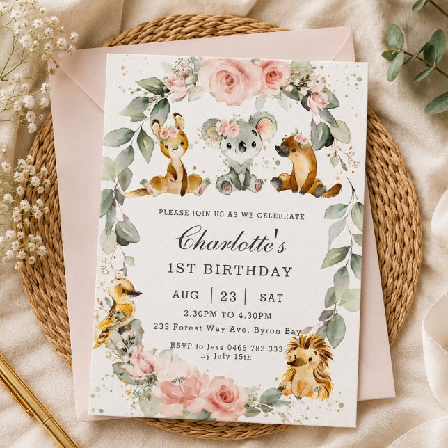 Invitation Animaux Australiens Fête d'anniversaire Rose Flora (Créateur téléchargé)