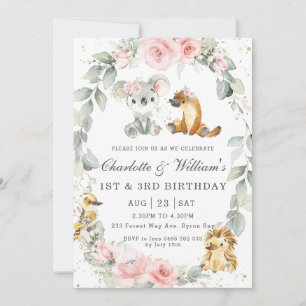 Invitation Animaux Australiens Fleurs Roses Sage Fête d'anniv