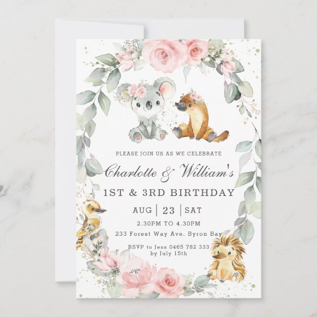 Invitation Animaux Australiens Fleurs Roses Sage Fête d'anniv (Devant)