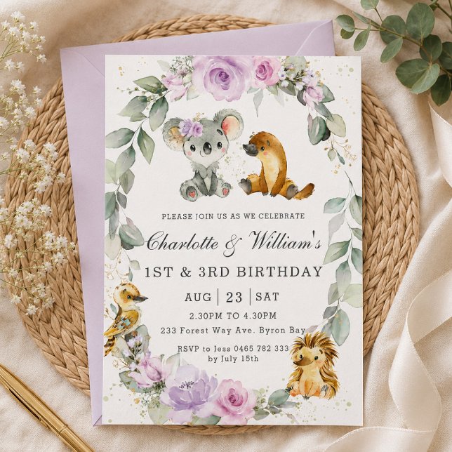 Invitation Animaux Australiens Fleurs Violettes Anniversaire  (Créateur téléchargé)