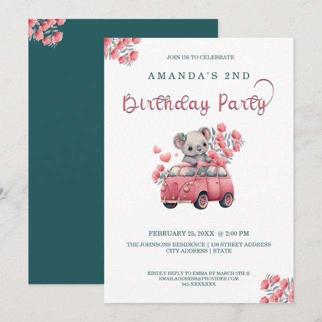 Invitation Animaux australiens Koala Bleu ANNIVERSAIRE (Devant / Derrière)