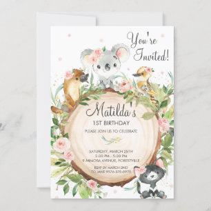Invitation Animaux australiens Koala Floral Girl Anniversaire
