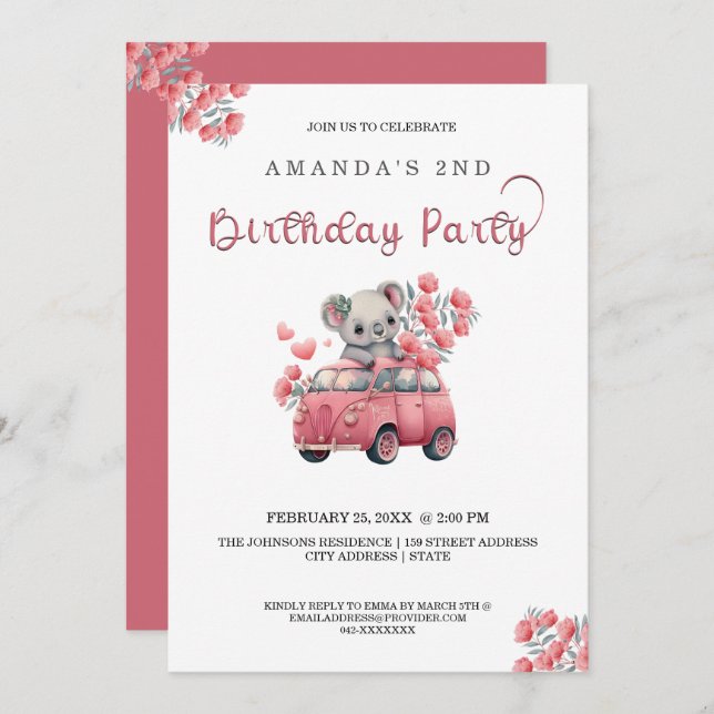 Invitation Animaux australiens Koala Pink ANNIVERSAIRE (Devant / Derrière)