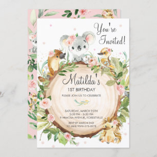 Invitation Animaux australiens Koala Rose Floral Girl Anniver
