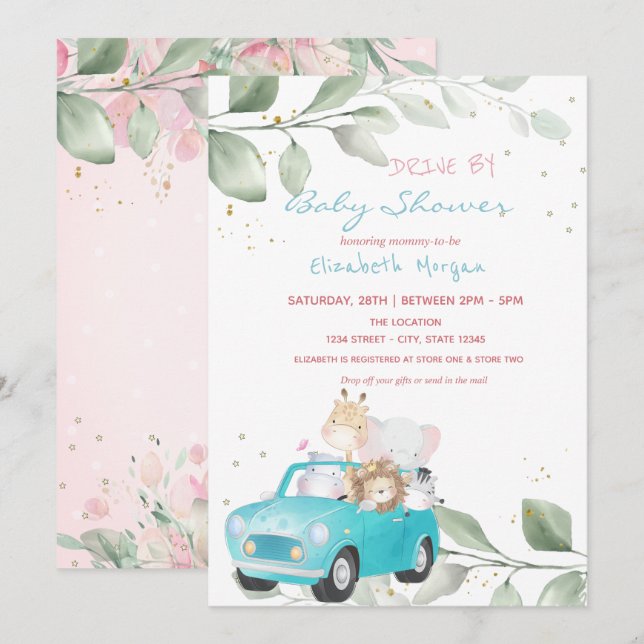 Invitation Animaux Dans Des Points De Voiture Floraux Fête Pr (Devant / Derrière)