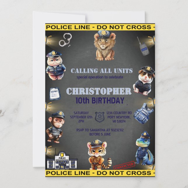Invitation Animaux dans la police Anniversaire uniforme (Devant)
