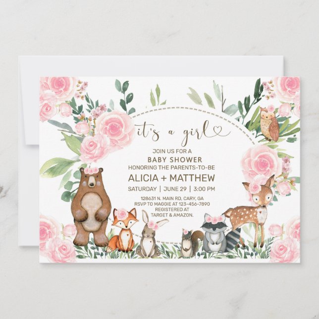 Invitation Animaux de bois baby shower invitation, roses rose (Devant)