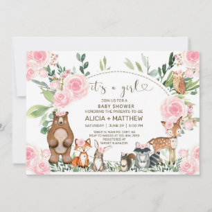 Invitation Animaux de bois baby shower invitation, roses rose