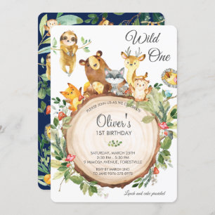 Invitation Animaux de bois mignons 1ère fête d'anniversaire W