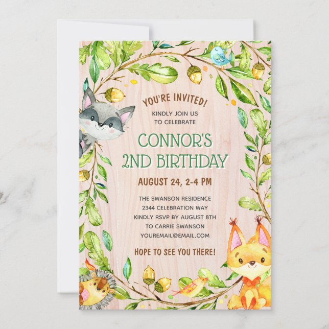 Invitation Animaux de bois mignons fête d'anniversaire (Devant)