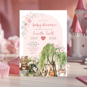 Invitation Animaux de bois rose Enchantés Baby shower foresti