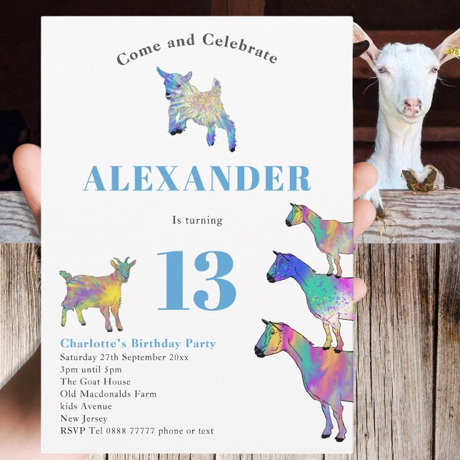 Invitation Animaux de chèvre 13e fête d'anniversaire (Farm animal goat themed 13th birthday party invitation colorful animal art watercolor )