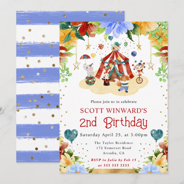 Invitation Animaux de cirque à l'aquarelle pour l'anniversair (Devant / Derrière)