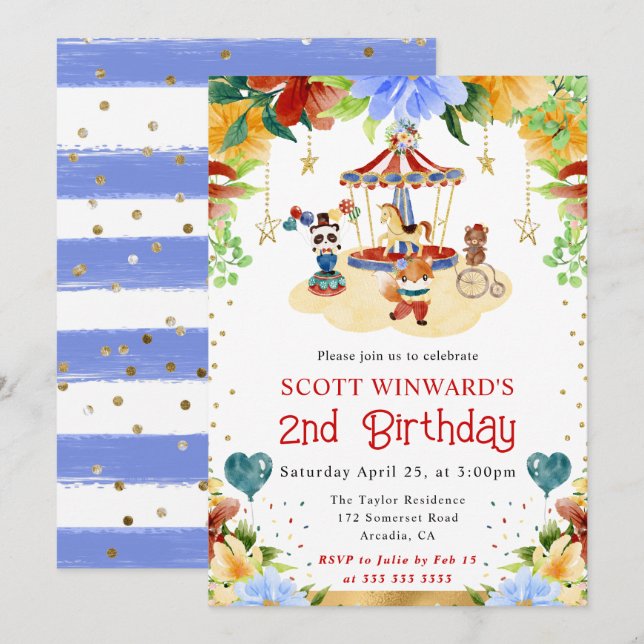 Invitation Animaux de cirque à l'aquarelle pour l'anniversair (Devant / Derrière)