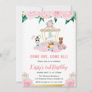 Invitation Animaux de cirque fleurs aquarelle rose Anniversai