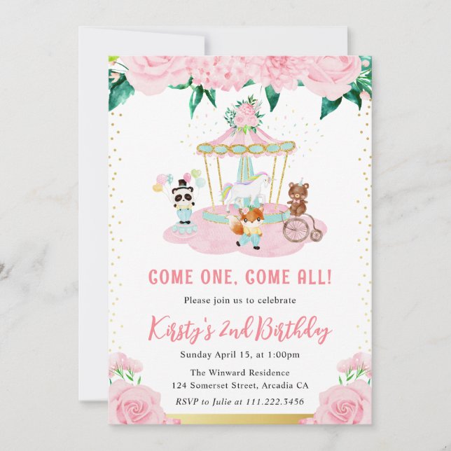 Invitation Animaux de cirque fleurs aquarelle rose Anniversai (Devant)
